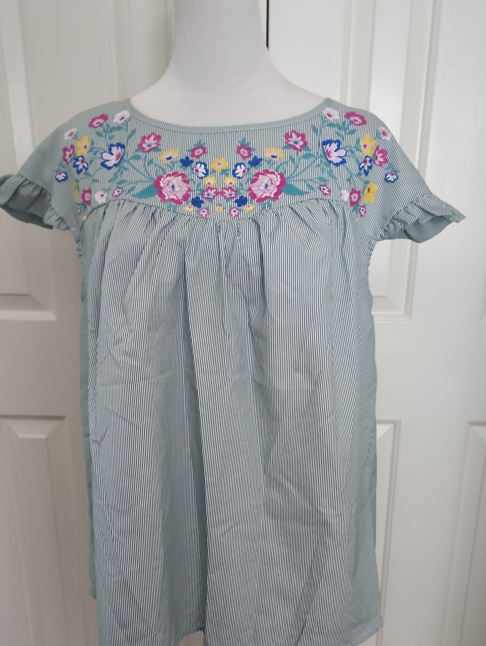 SHEIN Light Blue Striped Floral Embroidered Peasant Top